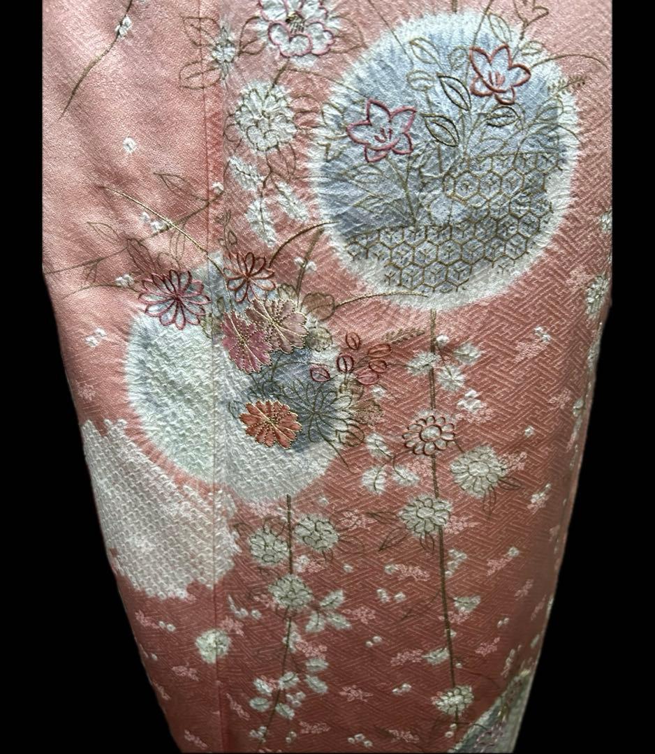 千總　訪問着　刺繍　絞り　枝垂れ桜　薄いピンク系　薄桃色　金糸　正絹
