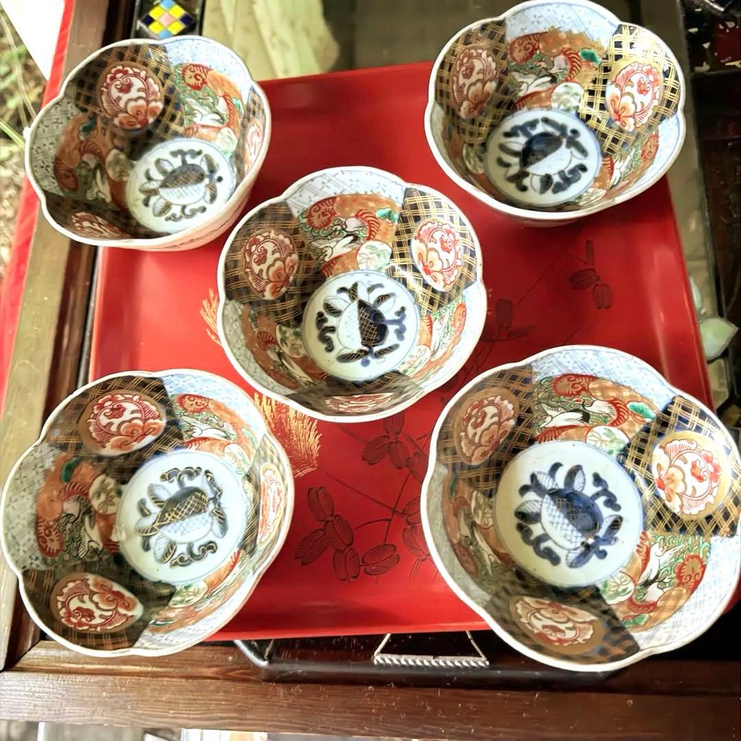 超限定価格‼️伊万里錦手向付おひたしにはこれ‼️桃手に鶴と竹六弁花在銘向付5客