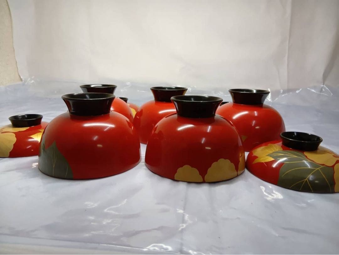 骨董 能登輪島塗 朱漆内黒 芙蓉花蒔絵 お椀 5客 レトロ アンティーク