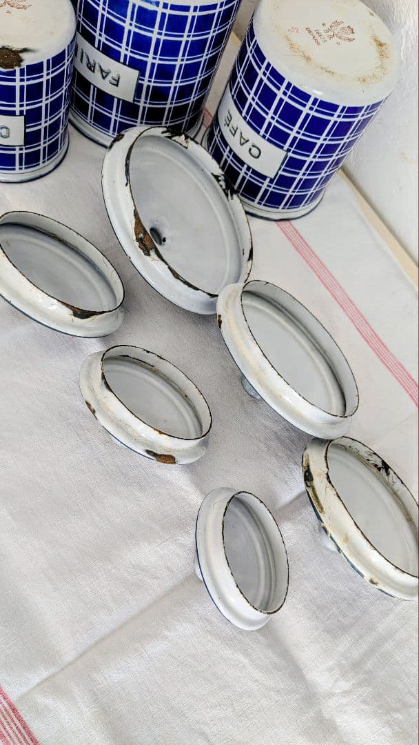 フランス BB社 ホーロー キャニスター フルセット青と白のチェック柄