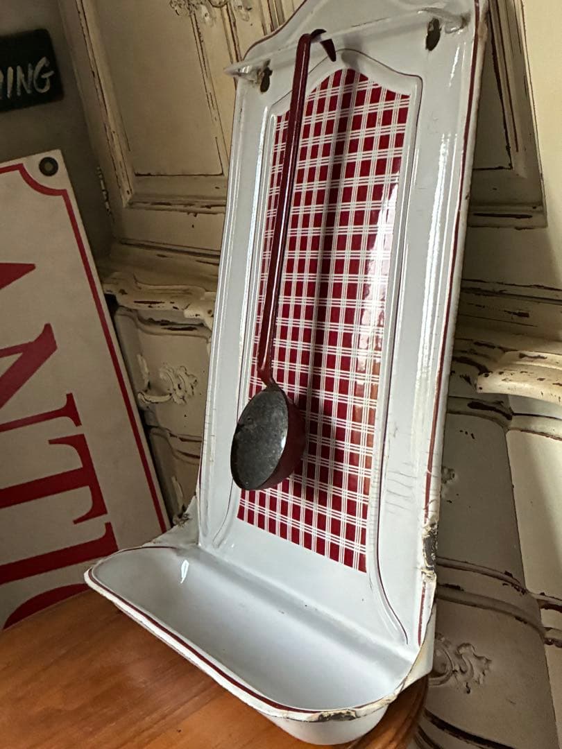 フランス　アンティーク　ホーロー　レードルラック　BB社　チェック　レードル付き