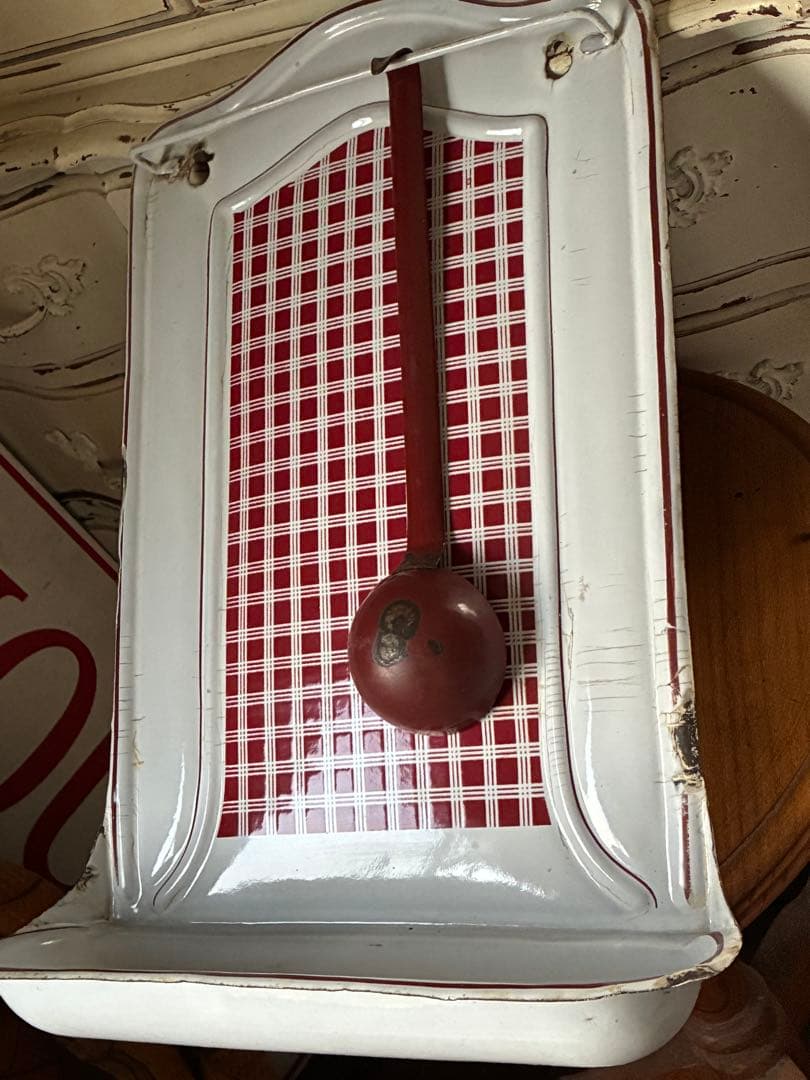 フランス　アンティーク　ホーロー　レードルラック　BB社　チェック　レードル付き