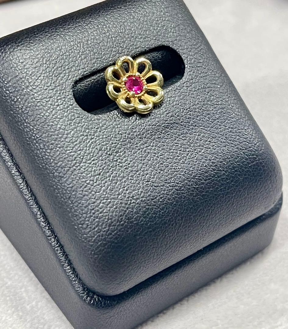 18K金の花デザイン ルビー宝石 ピンブローチ K18YG Gold ゴールド