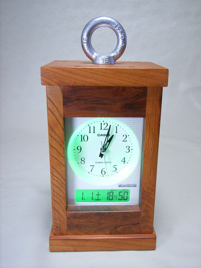 V012総欅板材M16アイボルト付電波目覚まし時計（カシオTQT−351NJ使用