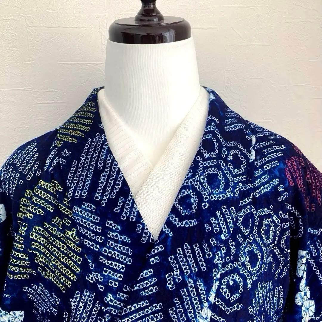 有松鳴海絞り・蜘蛛絞り浴衣　未使用しつけ付　手縫い　絞り浴衣　大輪花模様　N85