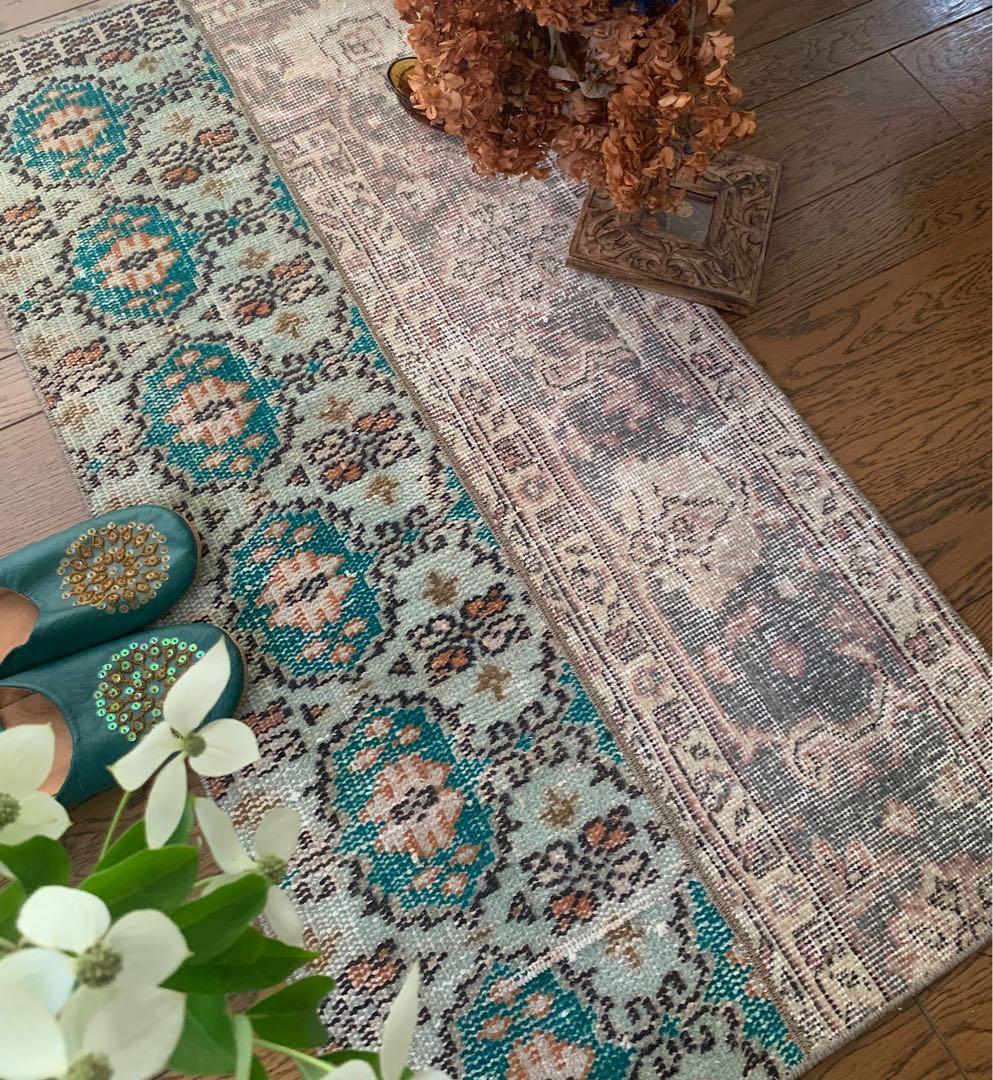 ランナー　モロッカンタイル　120×58パッチワーク　トルコヴィンテージラグ