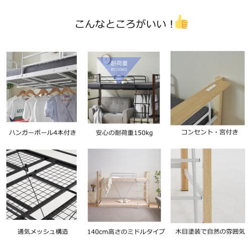 【高さ140cm】ロフトベッド パイプベッド シングル 耐荷重150kg シス