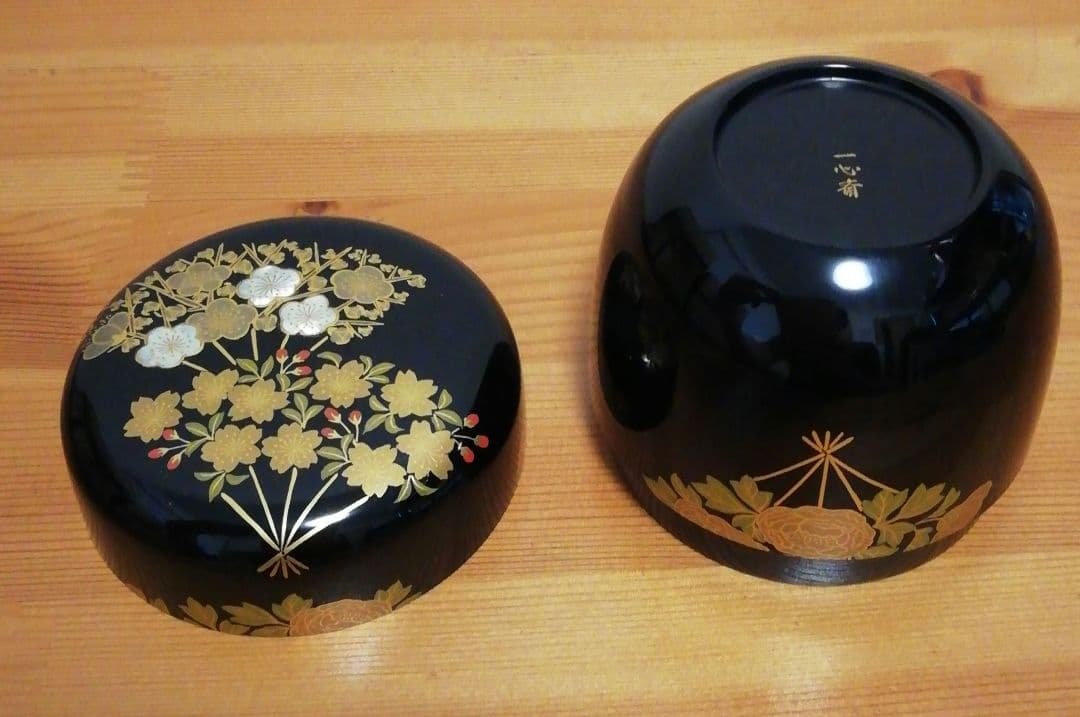 一心斎作　花扇　蒔絵　乾漆　棗　共箱　茶道具