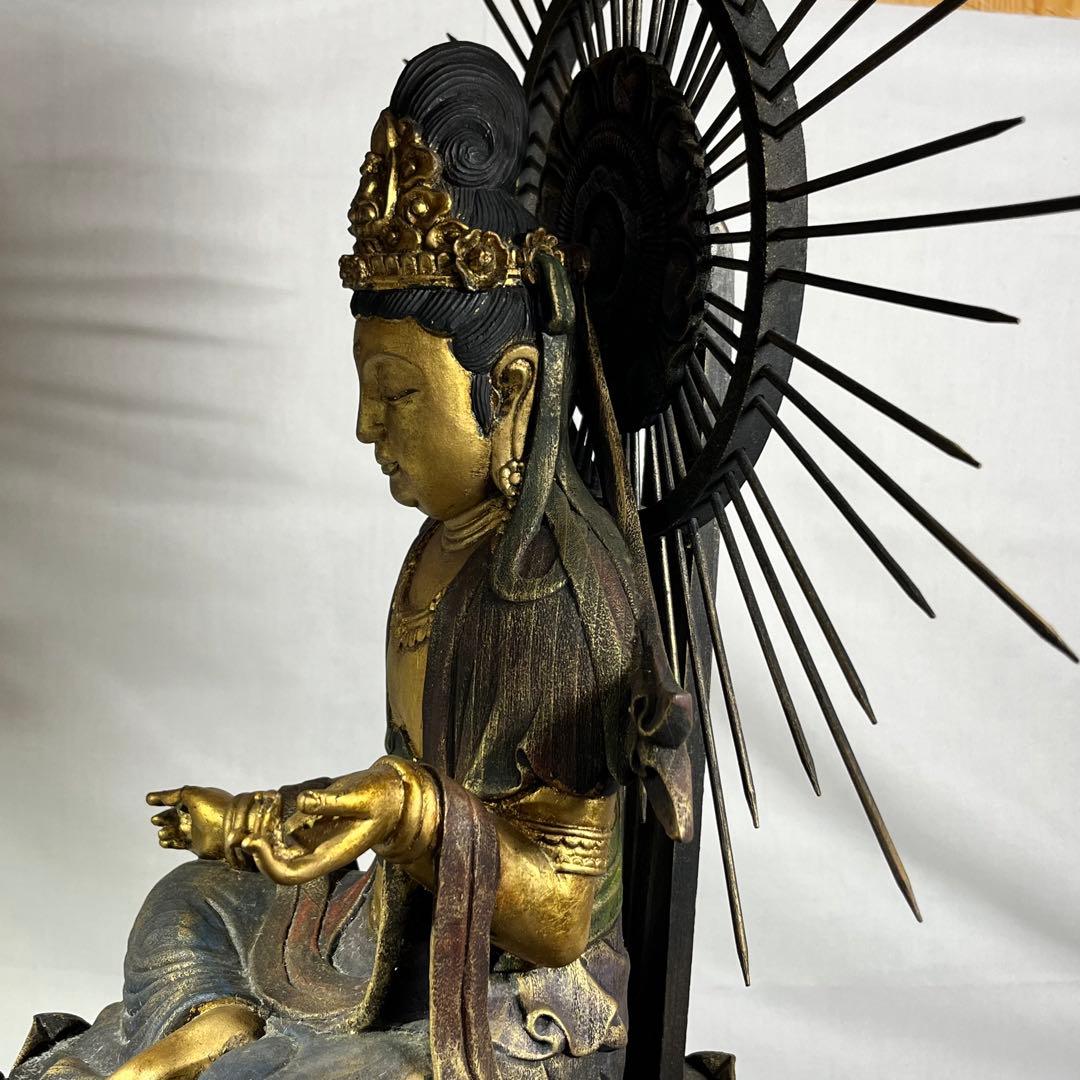 木彫り 観音 楠彫 仏像 戴元偉作 願掛け観音 東京書芸館 古色金彩仕上げ