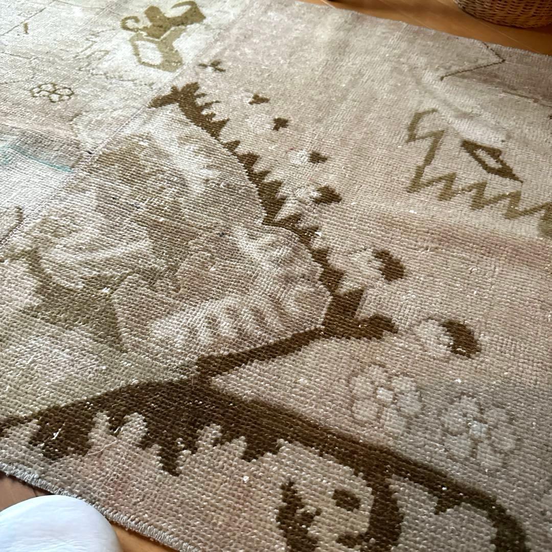 71×124ウール　ベージュ×ブラウン　パッチワーク　トルコヴィンテージラグ