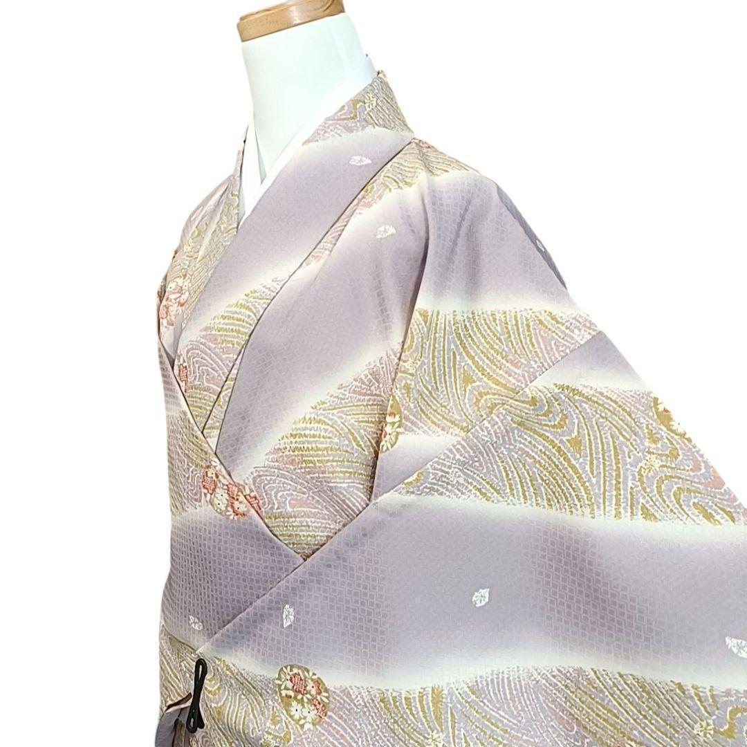 ち*ぃ様 610 華 単衣 着物 小紋 地紋 花 しぼり調 丸に花 紫 白