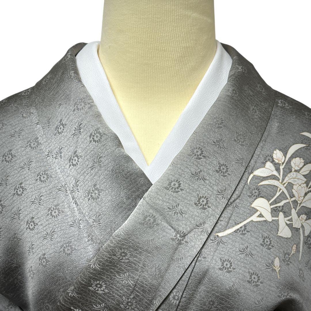 A151愛華 訪問着　錆鼠色　花地紋　染め花　正絹　フォーマル　身丈164cm