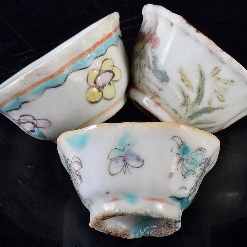 中国　青花山水文　粉彩花文など　盃　12客まとめて　M　R8128