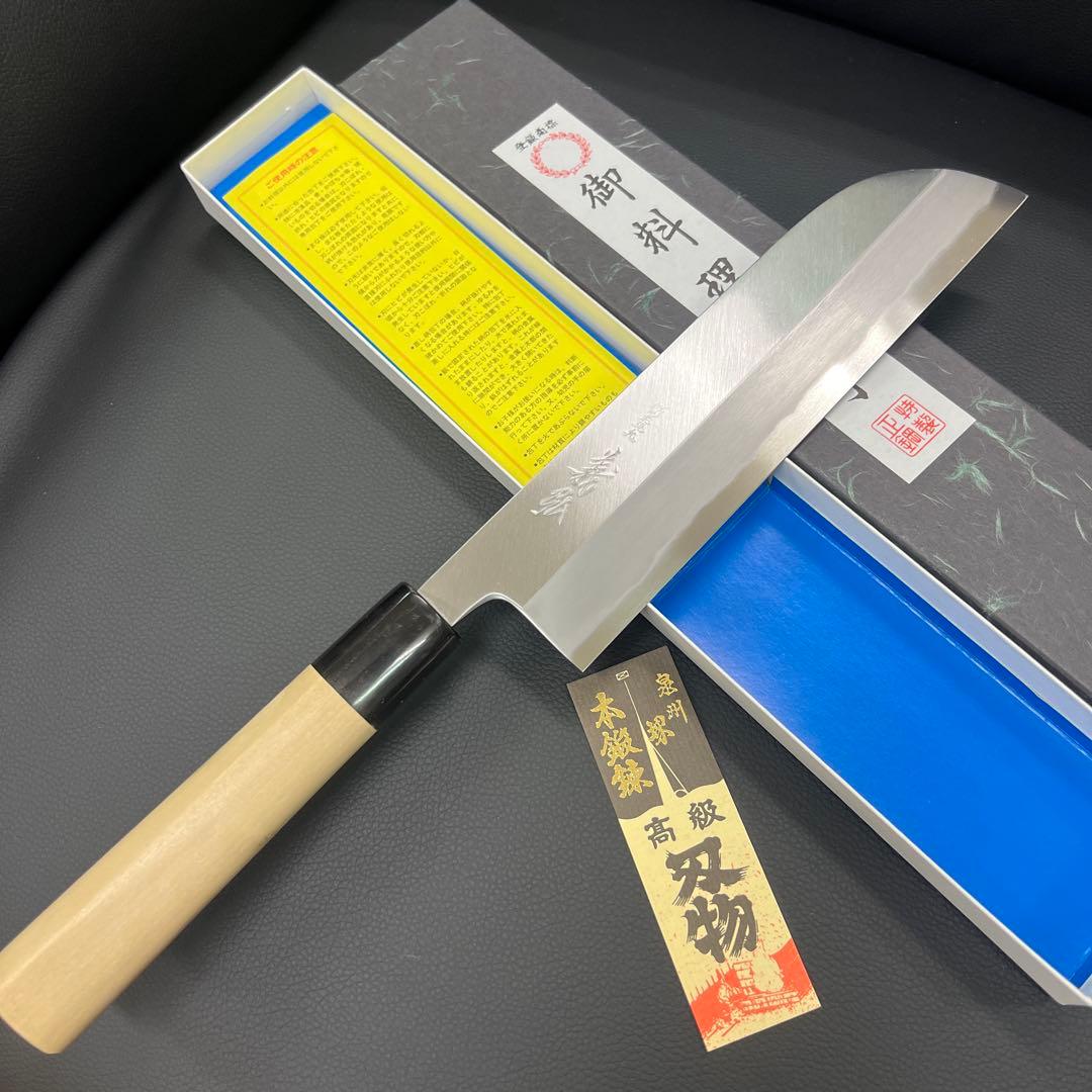 ★新品★義弘上作白二鋼鎌形薄刃包丁210mm七寸水牛柄マチ磨き裏押し化粧箱入
