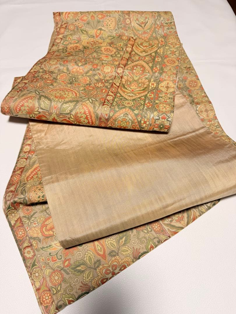 高級 袋帯 正絹 六通柄 更紗花文 オレンジ 洒落帯 シャレ帯 小紋 訪問着