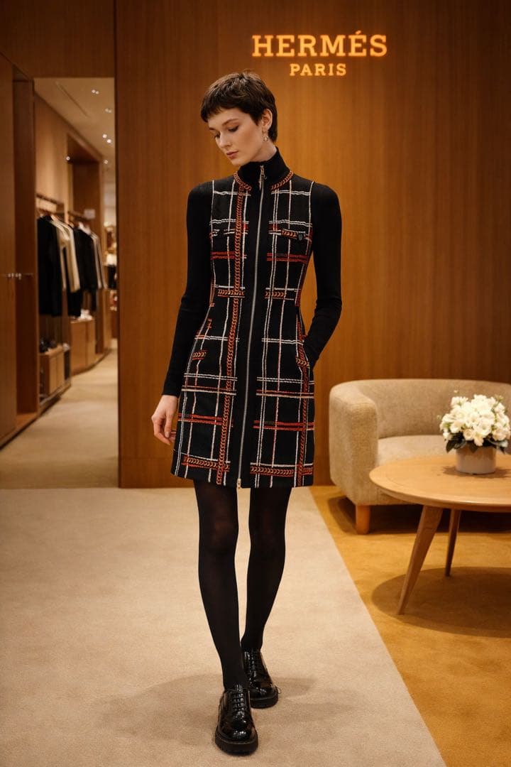 新品 HERMES タータンチェック柄 ジップアップ　ジレ　アウター　ワンピース