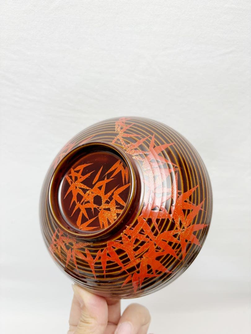 ほぼ未使用 懐石道具 張間麻佐緒作 輪島塗 木製朱竹蒔絵 煮物椀5客千筋共箱