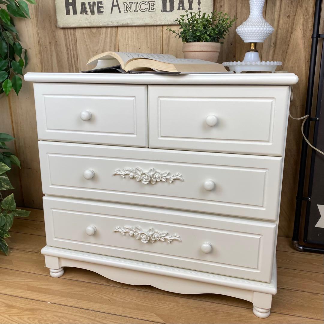 フレンチカントリー北欧調ホワイトチェストサイドキャビネット二点セットタンス収納