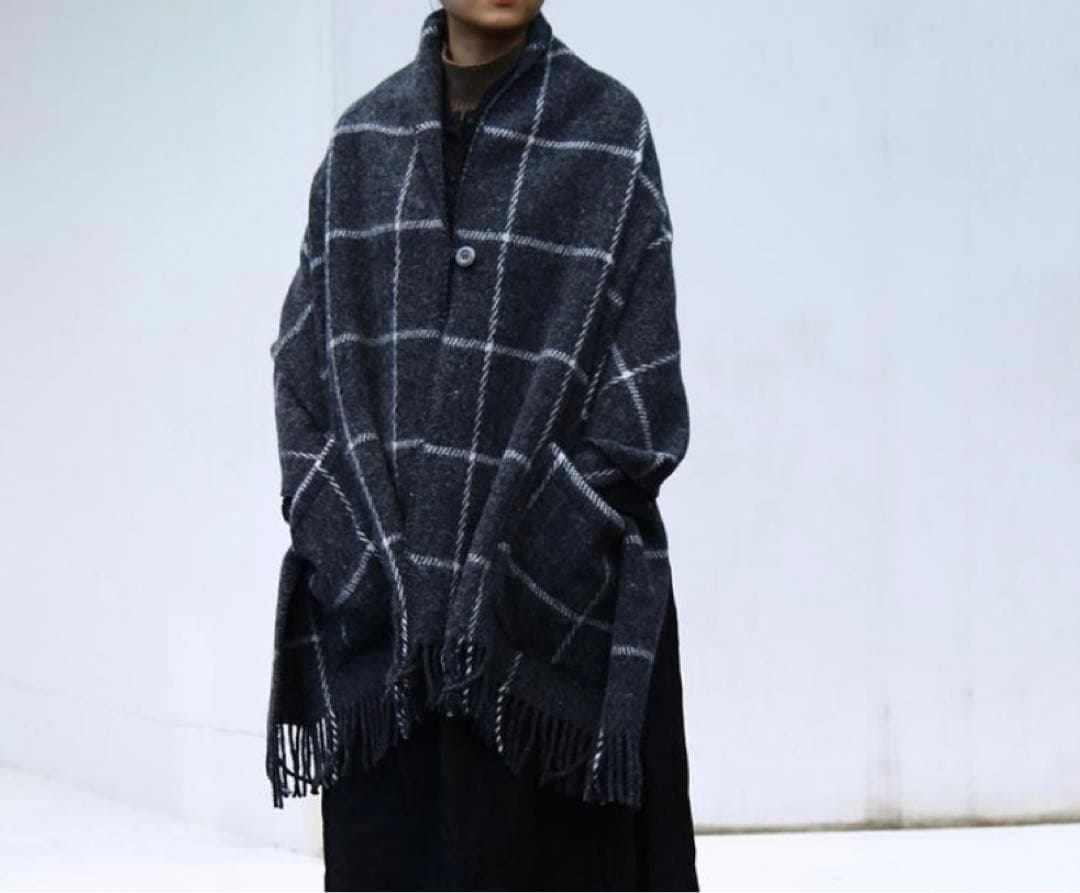 KLIPPAN グレー ウール チェック ブランケット ケープ クリッパン