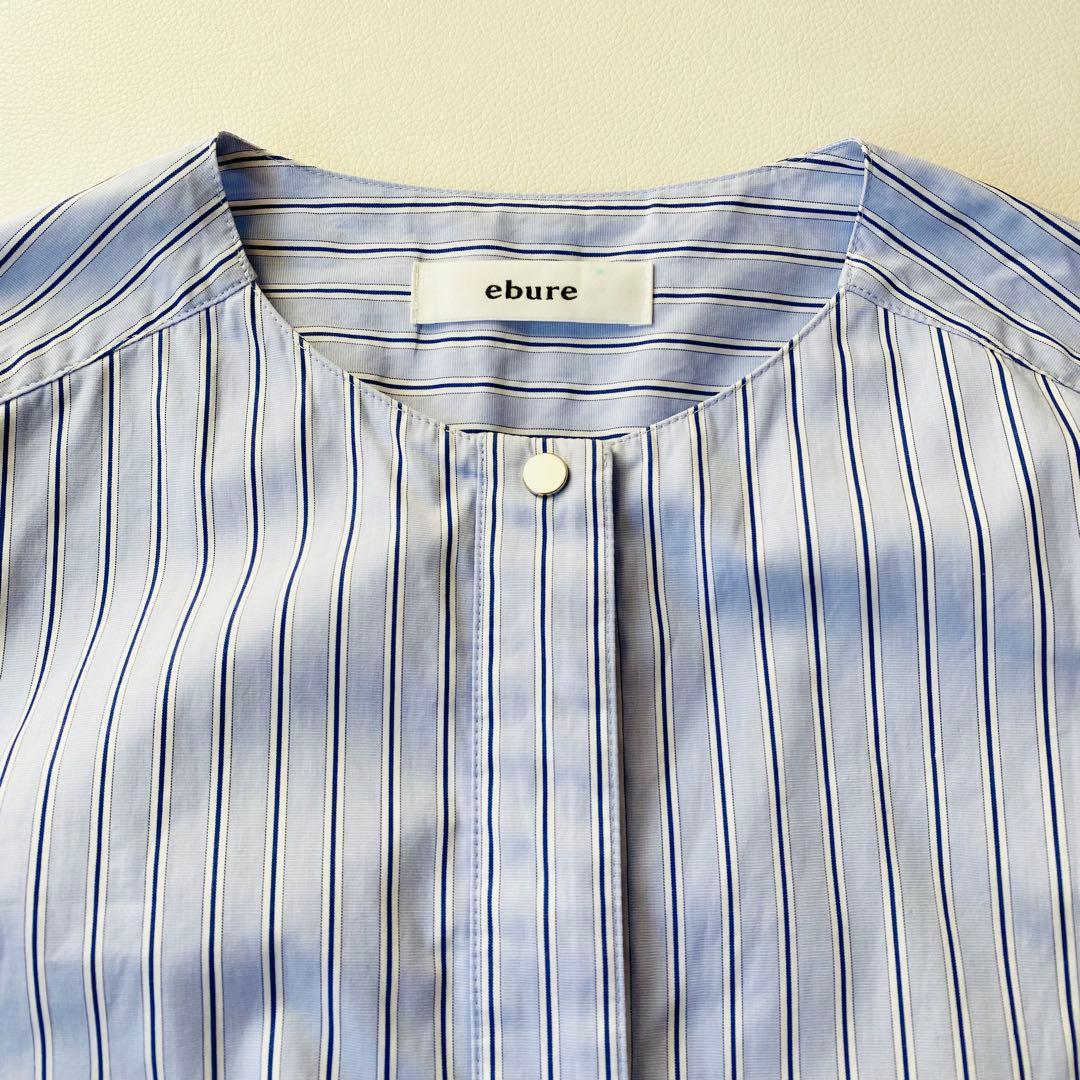 【美品】ebure　エブール　ストライプ長袖シャツ　バンドカラー　ロゴ刺繍