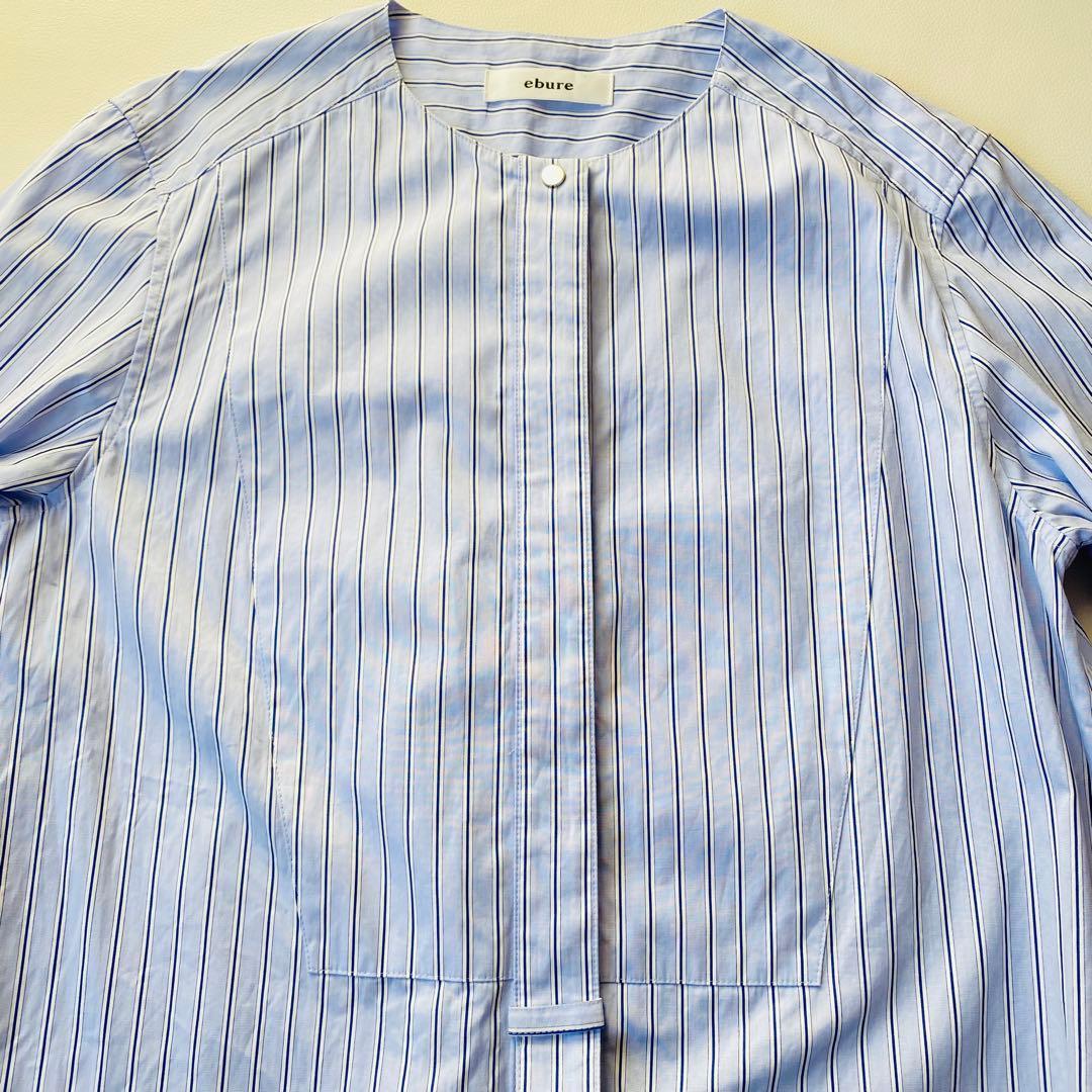 【美品】ebure　エブール　ストライプ長袖シャツ　バンドカラー　ロゴ刺繍