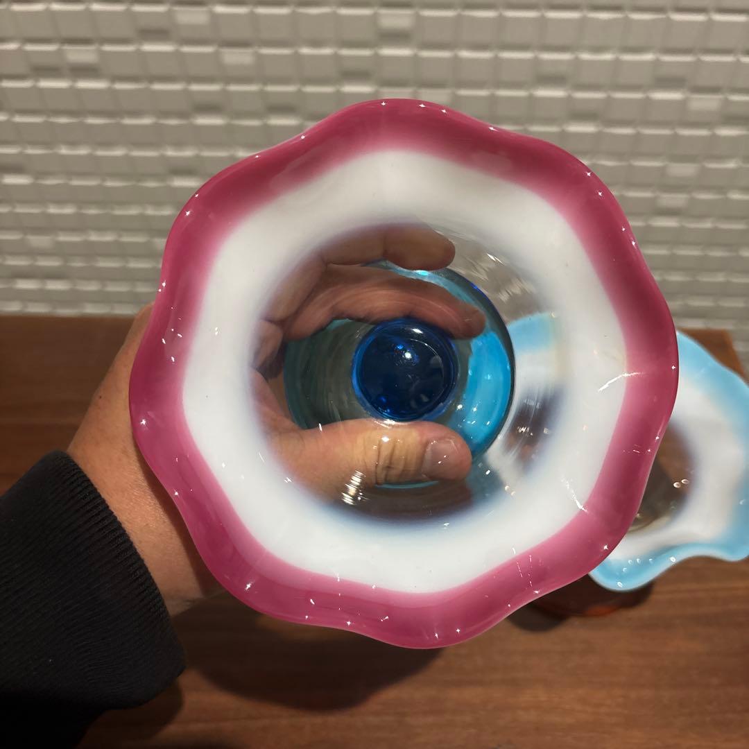 氷コップ 三色 手吹き ガラス 乳白色 レトロ 色付き脚 セット