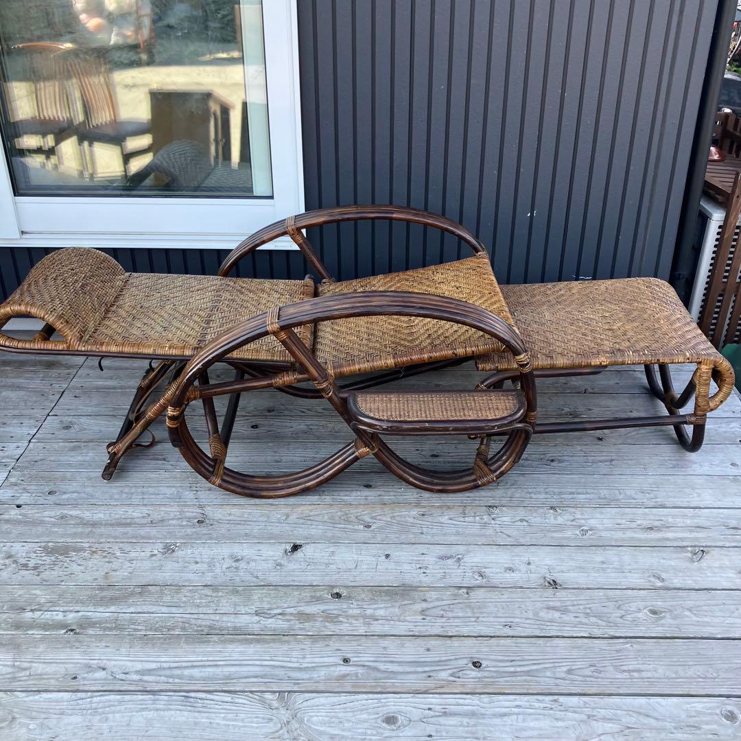 昭和レトロ ラタンリクライニングチェア 1人掛けソファー オットマン付き 籐家具