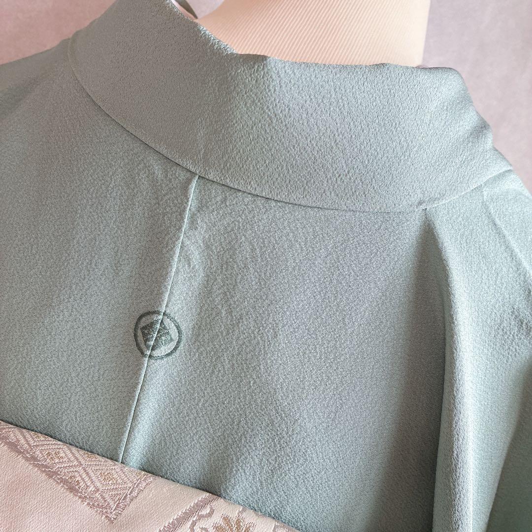 色無地　フルセット　着物　正絹　一つ紋　幻の染　岩石染　ブルー系　落款　N5