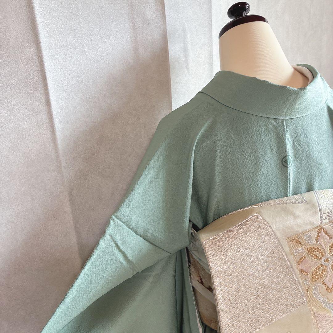 色無地　フルセット　着物　正絹　一つ紋　幻の染　岩石染　ブルー系　落款　N5