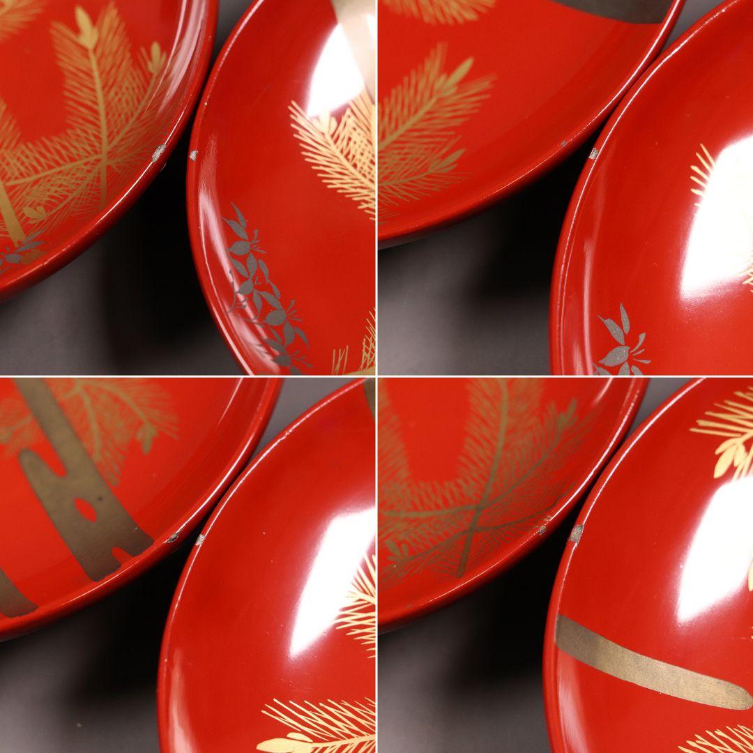 時代木製漆器 松に霞図 朱塗引き盃 二十九客 金蒔絵 小皿 木皿 MA350