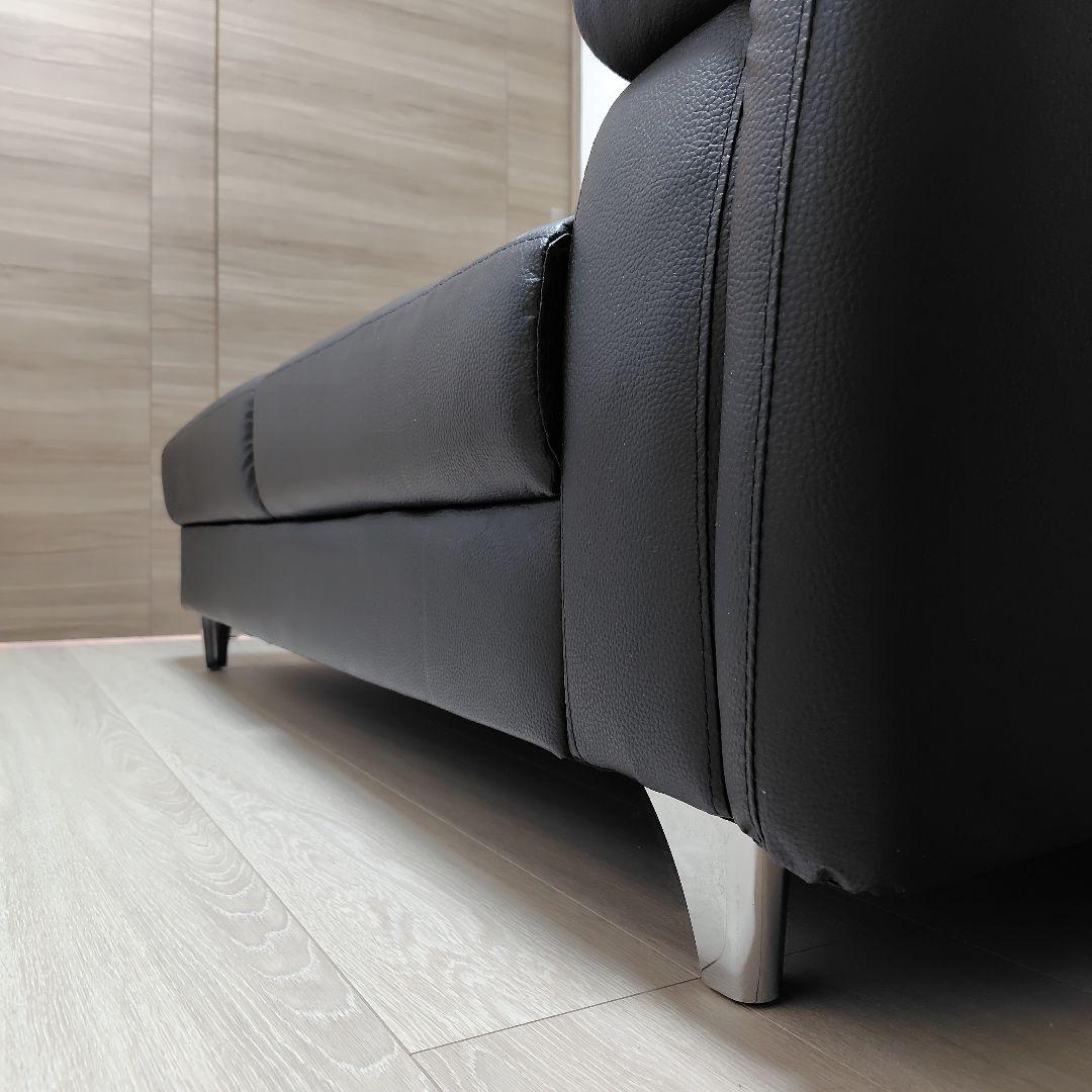 【直接引取】黒　牛本革　合成皮革 3人掛けカウチソファ　ヘッドレスト付