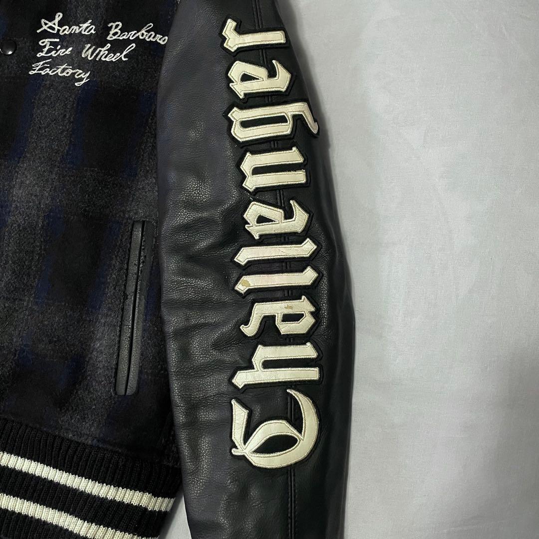 challenger スタジャン　レザー切り替え　オンブレチェック　紺　Mサイズ