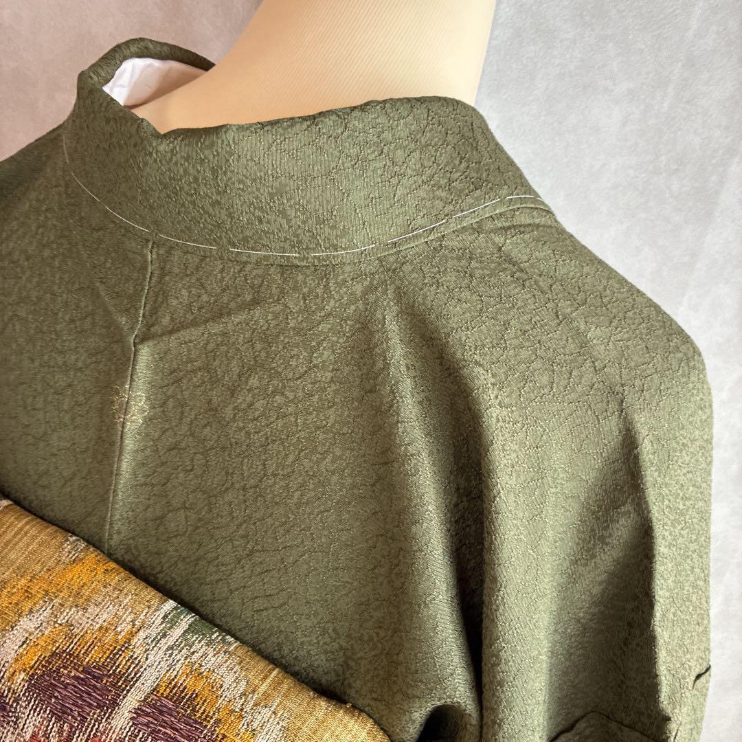 色無地　フルセット　着物　正絹　しつけ付き　ロング丈　灰緑　卒業式　入学式　J6