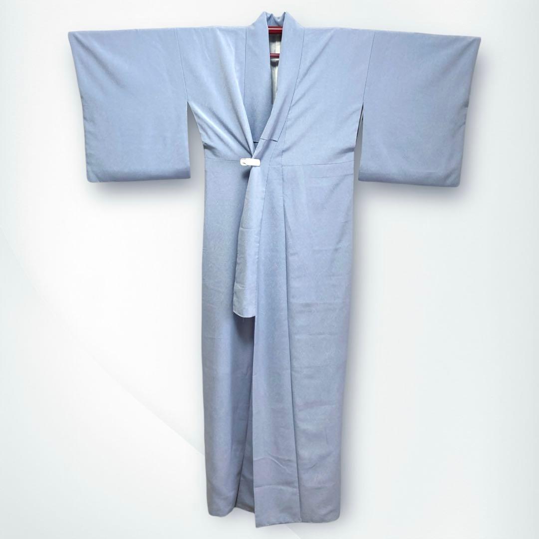 【良品✨】東レシルック　洗える着物　色無地　水色　紋付　縮緬　手縫い仕立て　O2