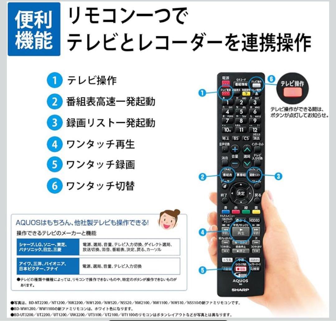 SHARP AQUOS ブルーレイレコーダーBD-UT2200 2018年発売