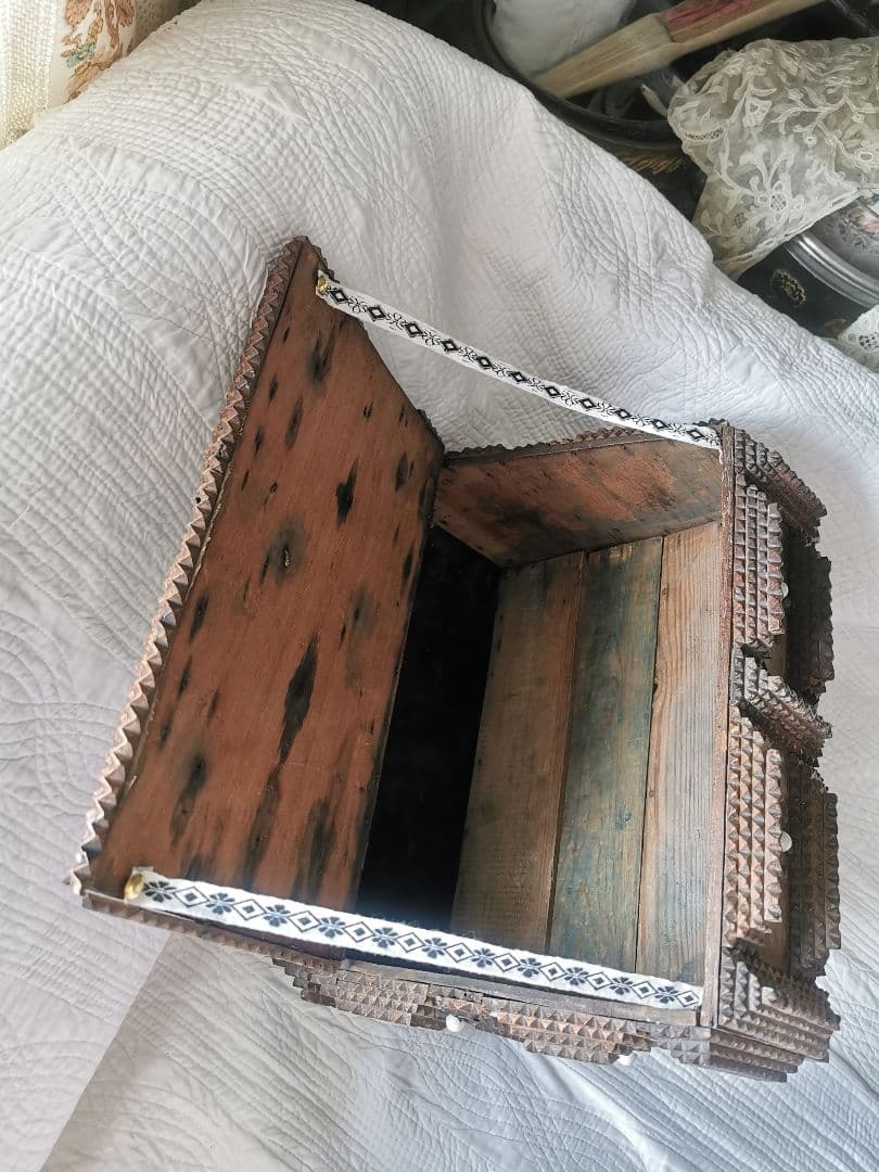 アンティーク トランプアート 木工レース細工ボックス 針箱 フレンチファブリック