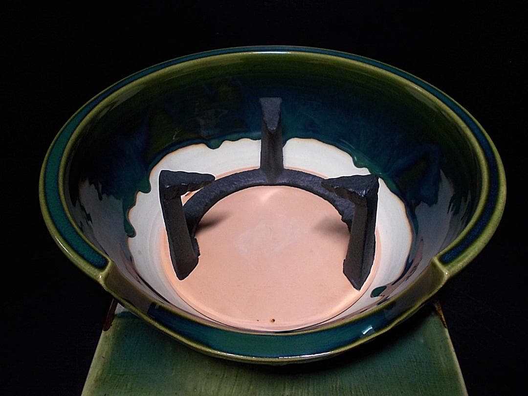 茶道具 風炉釜セット 茶釜 釜環 未使用五徳 良品織部風炉 織部敷板 底瓦 前瓦