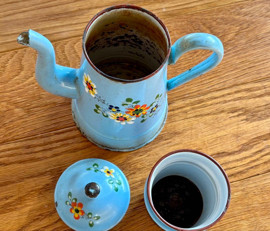 フランスアンティーク ホーローコーヒーポット ブルー 手描きのお花