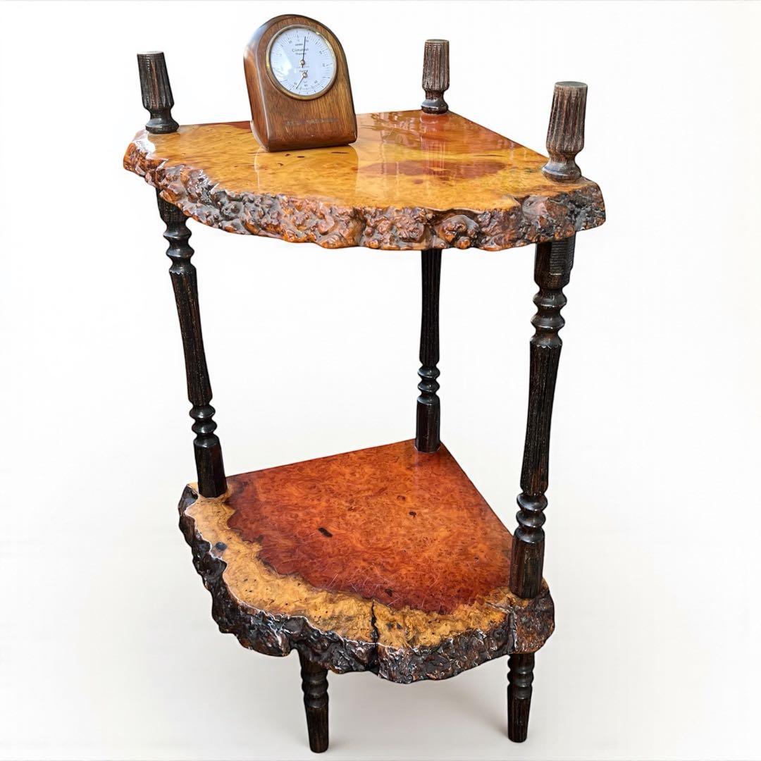 【花梨】唐木 カリン材 玉杢瘤棚 2段棚 高級銘木 コーナーラック 飾り台 花台