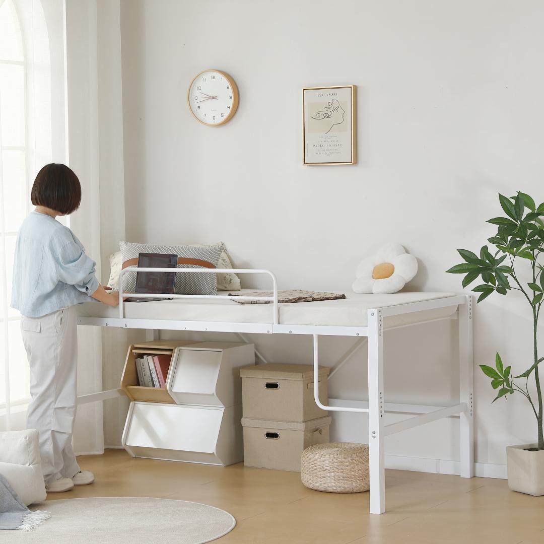 【高さ90cm】ロフトベッドスチール 耐震 ベッド 高さ調整可能　WHITE