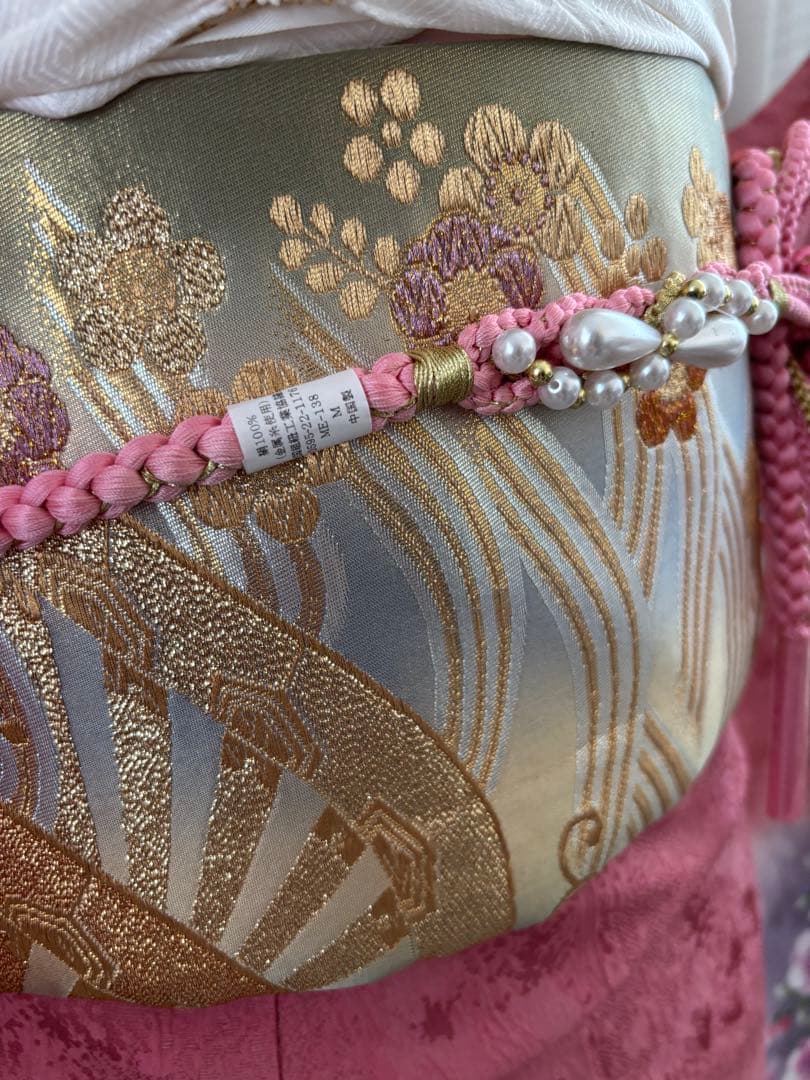 美品正絹振袖　帯締め　大輪桜　ピンク　上品なデザイン　トールサイズ