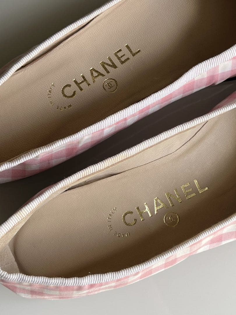 CHANEL シャネル　ギンガム　チェック リボン　フラットシューズ　バレリーナ