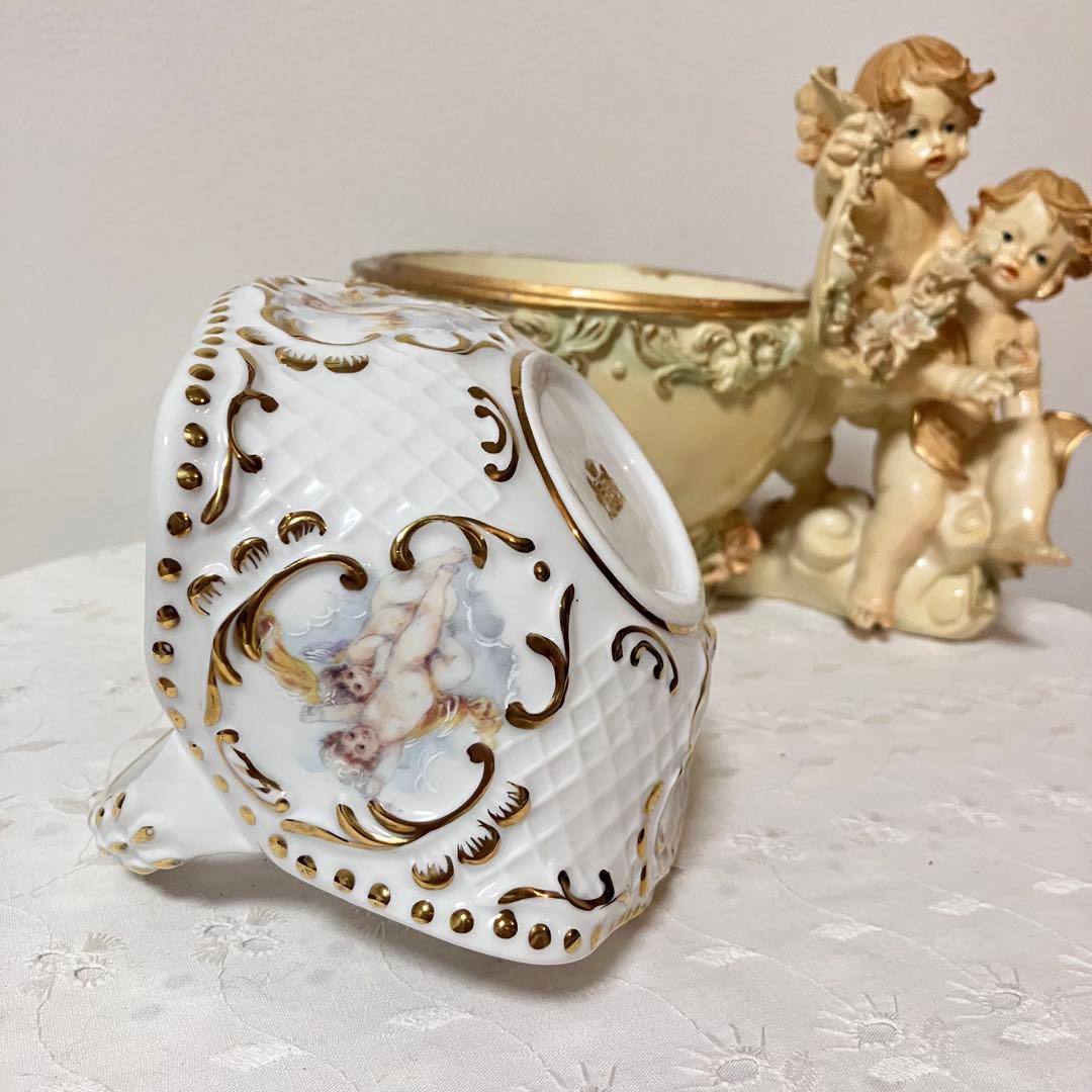 イタリア製 天使 エンジェル アンティーク調 置物 小物入れ／陶器製 バスケット