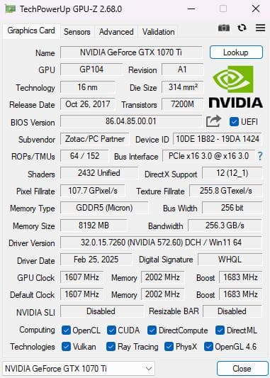 (動作確認済)ZOTAC GeForce GTX 1070Ti