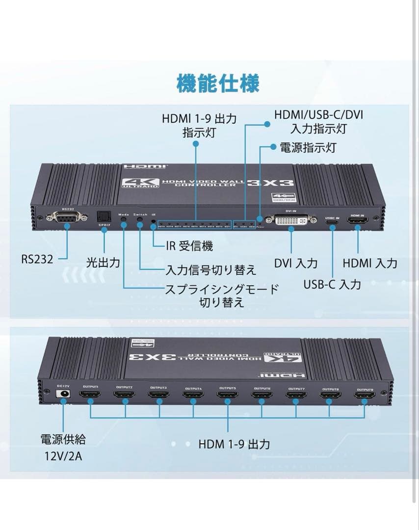 3x3 HDMI ビデオウォールコントローラー