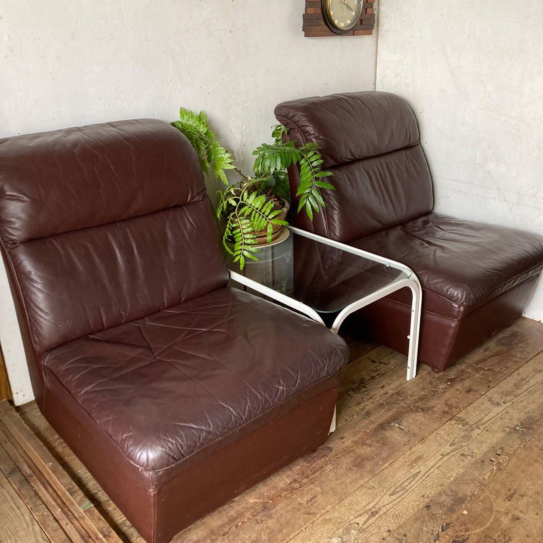 2脚セット 国産ヴィンテージ レザーソファ レトロ