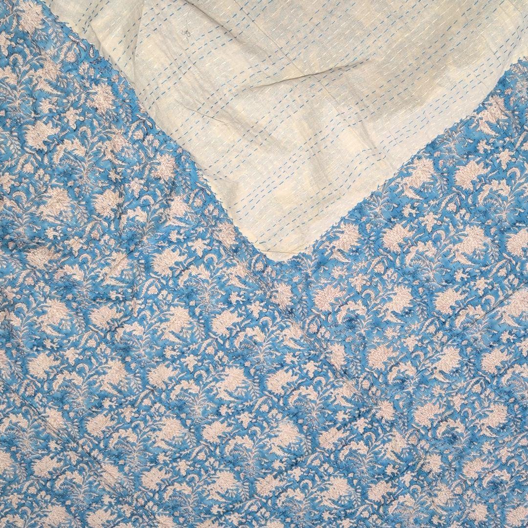 【L】花柄 ハンドブロックプリント カンタキルト ソファカバー ブルー 760