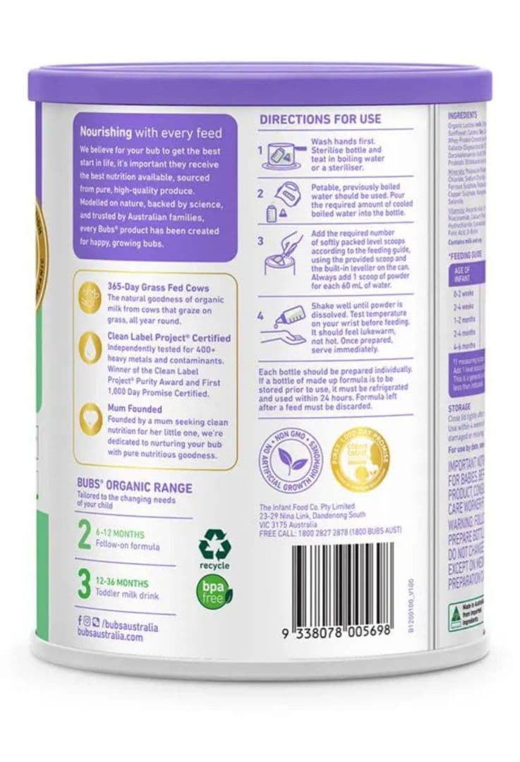 Bubs オーガニック粉ミルク step1（0-6ヶ月）２缶セット！！