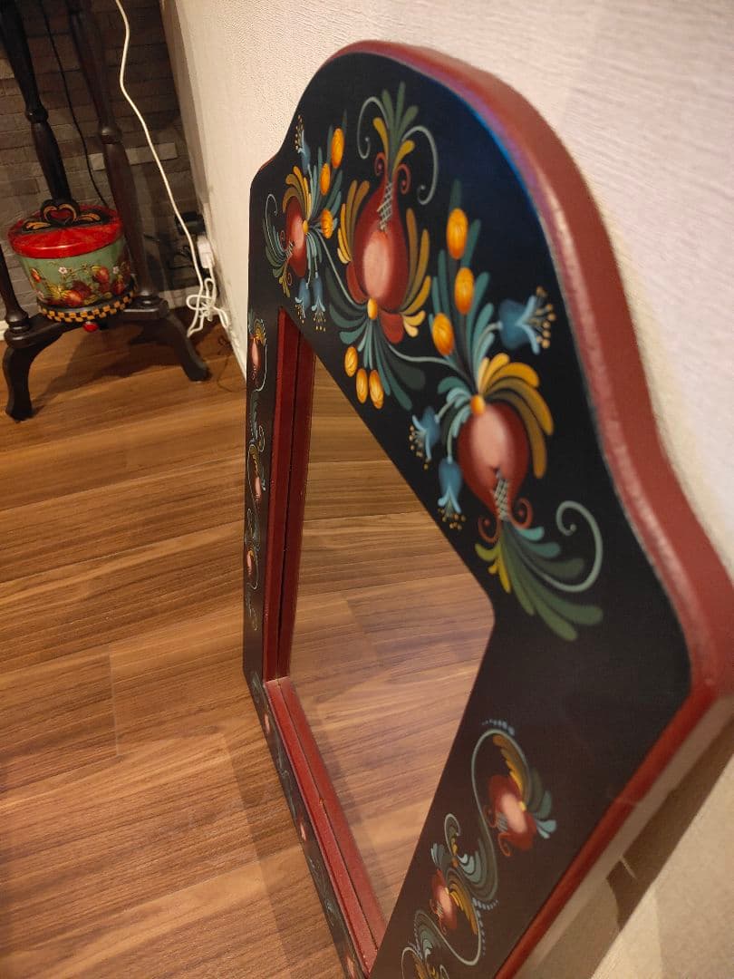 トールペイント 壁掛け鏡 ウォールミラー 手描き ハンドペイント 木製