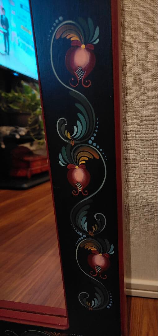 トールペイント 壁掛け鏡 ウォールミラー 手描き ハンドペイント 木製